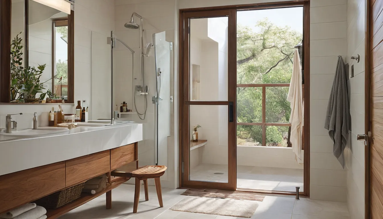 Smiling homeowner stepping into a bright, low-threshold walk-in shower in a Pingree Grove home