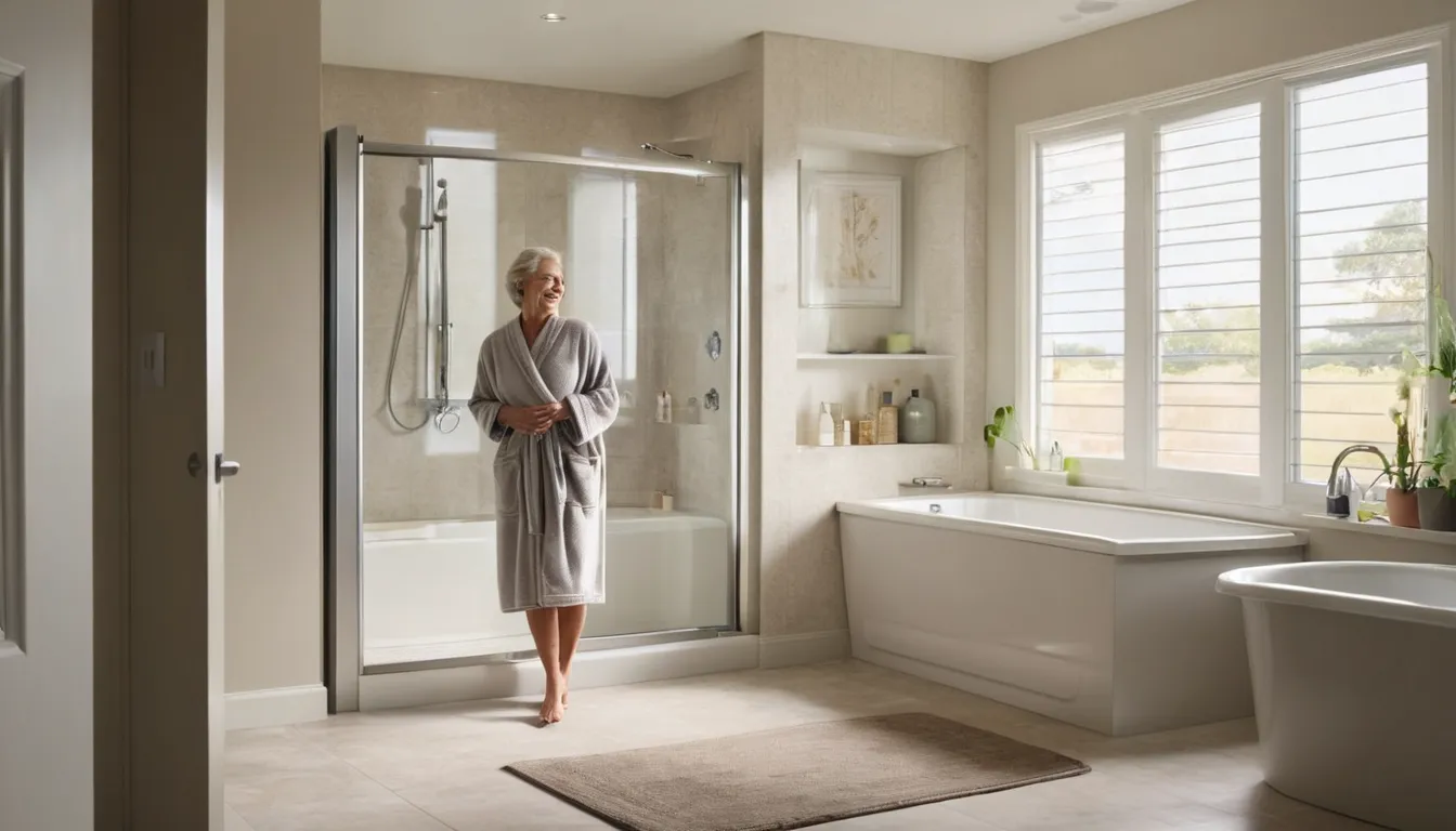 A smiling older homeowner in Pingree Grove sitting beside an open walk-in tub in a bright bathroom